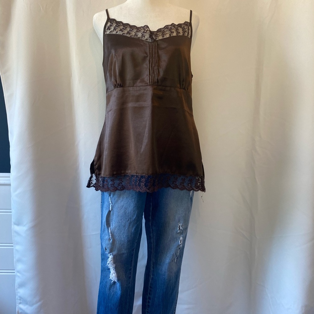 Ricki's Rich Chocolate Brown Lace Trim Satin Empire Waist Sexy Camisole Tank LG - Picture 2 of 16